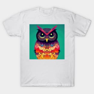 Colorful Owl Portrait Illustration - Bright Vibrant Colors Kawaii Bohemian Style Feathers Psychedelic Bird Animal Rainbow Colored Art T-Shirt